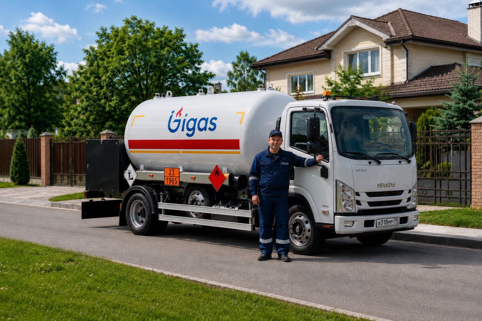 Газовоз iGAS с оператором у частного дома в Подмосковье